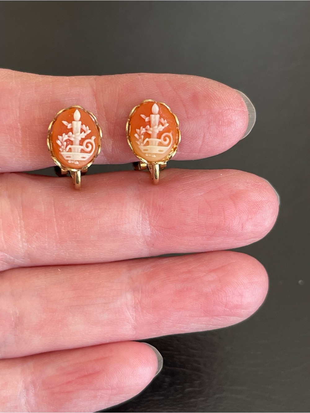 Vintage gold tone Cameo mini Clip-On Earrings